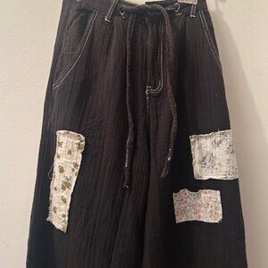 POL Rich Black Wide Leg Double Gauze Patchwork Tie Wide Leg Pants NEW